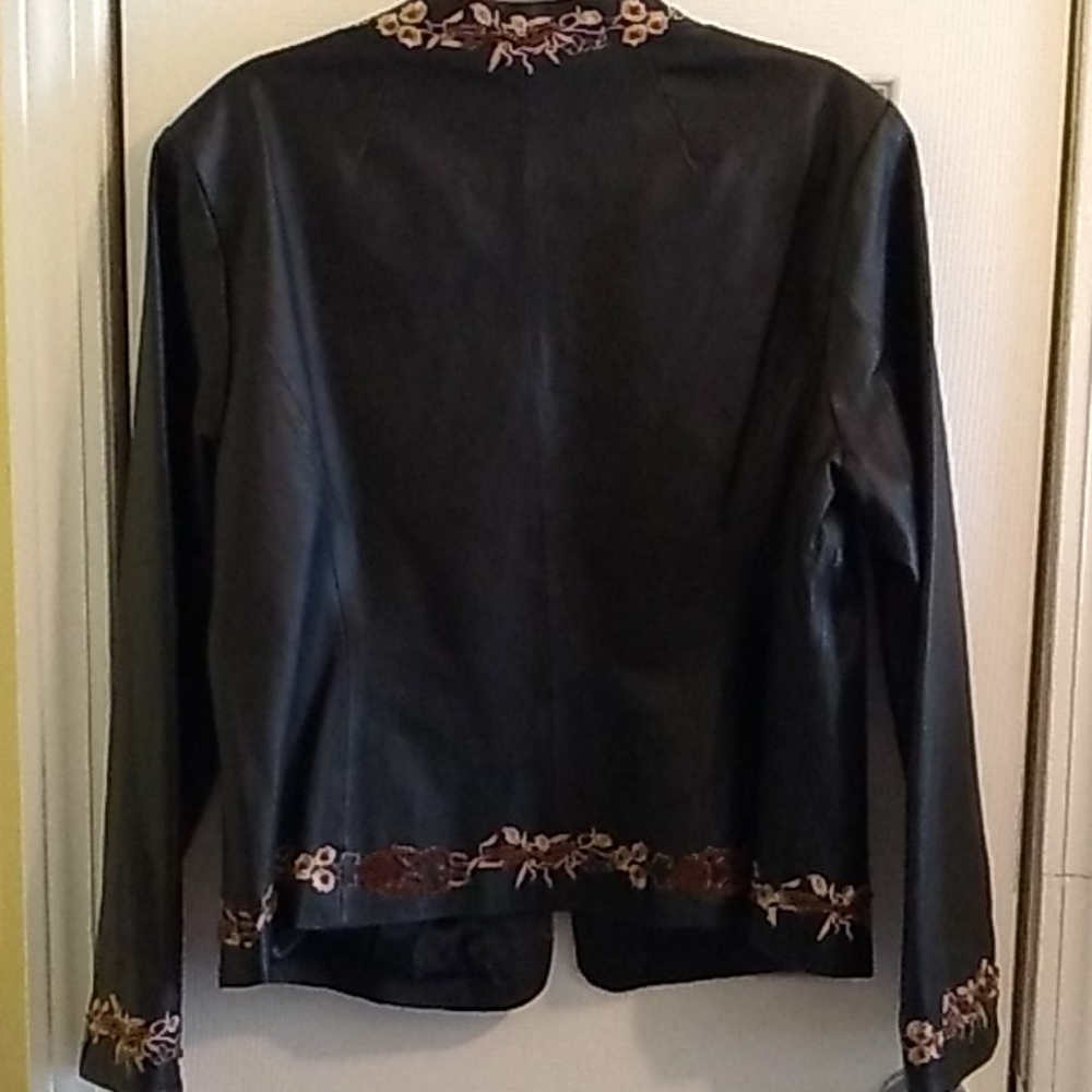 Pamela McCoy Black Leather Jacket with Brown Floral Embroidery - Picture 3 of 4